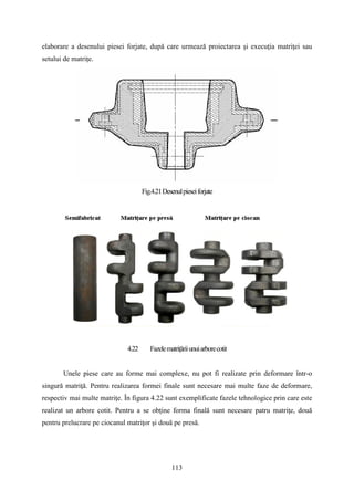 elaborare a desenului piesei forjate, după care urmează proiectarea şi execuţia matriţei sau
setului de matriţe.
Fig.4.21Desenulpieseiforjate
4.22 Fazelematriţăriiunuiarborecotit
Unele piese care au forme mai complexe, nu pot fi realizate prin deformare într-o
singură matriţă. Pentru realizarea formei finale sunt necesare mai multe faze de deformare,
respectiv mai multe matriţe. În figura 4.22 sunt exemplificate fazele tehnologice prin care este
realizat un arbore cotit. Pentru a se obţine forma finală sunt necesare patru matriţe, două
pentru prelucrare pe ciocanul matriţor şi două pe presă.
113
 