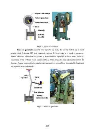 Fig.4.24 Presa cu excentric
Presa cu genunchi dezvoltă forţe deosebit de mari, dar sabota mobilă are o cursă
relativ mică. În figura 4.25 sunt prezentate schema de funcţionare şi o presă cu genunchi.
Pentru reducerea eforturilor din ghidaje şi pentru mărirea suprafeţei active a mesei de lucru,
acţionarea poate fi făcută cu un sistem dublu de braţe articulate, care acţionează sincron. În
figura 4.26 este prezentată schema cinematică a presei cu genunchi cu sistem dublu de pârghii
de acţionare a șabotei mobile.
Fig.4.25 Presă cu genunchi
115
 