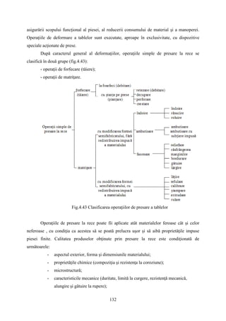 asigurării scopului funcţional al piesei, al reducerii consumului de material şi a manoperei.
Operaţiile de deformare a tablelor sunt executate, aproape în exclusivitate, cu dispozitive
speciale acţionate de prese.
După caracterul general al deformaţiilor, operaţiile simple de presare la rece se
clasifică în două grupe (fig.4.43):
- operaţii de forfecare (tăiere);
- operaţii de matriţare.
Fig.4.43 Clasificarea operaţiilor de presare a tablelor
Operaţiile de presare la rece poate fii aplicate atât materialelor feroase cât şi celor
neferoase , cu condiţia ca acestea să se poată prelucra uşor şi să aibă proprietăţile impuse
piesei finite. Calitatea produselor obţinute prin presare la rece este condiţionată de
următoarele:
- aspectul exterior, forma şi dimensiunile materialului;
- proprietăţile chimice (compoziţia şi rezistenţa la coroziune);
- microstructură;
- caracteristicile mecanice (duritate, limită la curgere, rezistenţă mecanică,
alungire şi gâtuire la rupere);
132
 