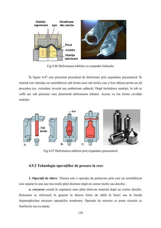 Fig.4.46 Deformarea tablelor cu expandor hidraulic
În figura 4.47 este prezentat procedeul de deformare prin expandare pneumatică. În
matriţă este introdus un semifabricat sub forma unui tub închis care a fost obţinut printr-un alt
procedeu (ex. extrudare inversă sau ambutisare adâncă). După închiderea matriţei, în tub se
suflă aer sub presiune care determină deformarea tubului. Acesta va lua forma cavităţii
matriţei.
Fig.4.47 Deformarea tablelor prin expandare pneumatică
4.9.2 Tehnologia operaţiilor de presare la rece
1. Operaţii de tăiere. Tăierea este o operaţie de prelucrare prin care un semifabricat
este separat în una sau mai multe părţi distincte după un contur închis sau deschis .
a. retezarea constă în separarea unor părţi dintr-un material după un contur deschis.
Retezarea se utilizează în general la tăierea foilor de tablă în benzi sau în bucăţi
dreptunghiulare necesare operaţiilor următoare. Operaţia de retezare se poate executa cu
foarfecele sau cu ştanţe.
136
 