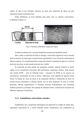 sudurii. În plus se pot introduce elemente de aliere prin materialul de adaos sau prin
materialele menite să protejeze baia.
După solidificare, la locul îmbinării apar patru zone cu structuri caracteristice,
evidenţiate în figura 5.1.
Fig.5.1 Structura îmbinărilor sudate prin topire
Cordonul (cusătura) are o structură dendritică caracteristică metalelor turnate.
Între cordon şi materialul de bază se distinge o zona foarte îngustă de trecere formată
dintr-un amestec de metal topit si metal de bază supraîncălzit şi este format din constituenţi de
difuzie reciprocă. Cu cât diferenţa dintre compoziţia chimică a metalului de adaos şi a celui de
bază este mai mare, cu atât această zonă este mai vizibilă.
În materialul de bază netopit din apropierea cusăturii, datorită încălzirii şi răcirii
rapide, au loc transformări structurale, fără modificarea compoziţiei chimice. Zona aceasta
este numită ZITM – zona de influenţă termo – mecanică. În ZITM au loc procese de
recristalizare, transformări de fază şi difuzii. Adâncimea zonei depinde de regimul termic
folosit. În funcţie de viteza de răcire şi de compoziţia chimică a materialului de bază vor
rezulta diverşi constituenţi cu duritate sporită, care au efect fragilizant. În zona cu cristale
grosolane, datorită supraîncălzirii se formează structura Widmanstatten care determină
scăderea puternică a rezilienţei. Prin operaţii de tratament termic, caracteristicile mecanice ale
îmbinării sudate pot fi ameliorate.
5.1.3 Sudabilitatea materialelor metalice
Sudabilitatea este o proprietate tehnologică care determină in condiții de sudare date,
capacitatea materialelor de a realiza îmbinări sudate. Sudabilitatea este condiţionată de
140
 