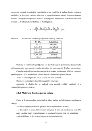 compoziţia chimică, proprietăţile materialului, şi de condiţiile de sudare. Pentru evaluarea
sudabilităţi se determină carbonul echivalent al materialului supus sudării. Pentru aceasta este
necesară cunoaşterea compoziţiei chimice. Relaţia pentru determinarea carbonului echivalent
conform I.I.W. (International Institute of Welding) este:
𝐶𝑒 = 𝐶 +
𝑀𝑛
6
+
𝐶𝑟 + 𝑉 + 𝑀𝑜
5
+
𝐶𝑢 + 𝑁𝑖
15
[%]
Tabelul 5.1. Caracterizarea sudabilităţii oţelurilor carbon şi slab aliate
Ce [%] Sudabilitate
<0,35 excelentă
0,36...0,40 foarte bună
0,41...0,45 bună
0,46...0,50 condiţionată
0,50...0.65 posibilă
>0,65 necorespunzătoare
Oţelurile cu sudabilitate condiţionată sau posibilă necesită preîncălziri, răcire dirijată,
utilizarea numai a unor anumite procedee de sudare şi a unor materiale de adaos recomandate.
Cuprul se sudează bine dacă nu conţine O2 în procent mai mare de 0,04% şi cu măsuri
speciale pentru a evita pierderile de căldura datorate conductibilităţii sale ridicate.
Alama se sudează greu din cauza Zn care este uşor oxidabil
Bronzul se sudează greu datorită segregaţiilor puternice.
Aluminiul şi aliajele lui se sudează greu datorită oxidării metalului şi a
conductibilităţii termice ridicate.
5.1.4 Materiale de adaos pentru sudare
Pentru a fi corespunzător, materialul de adaos trebuie sa îndeplinească următoarele
condiţii:
- să aibă o compoziţie chimică apropiată de cea a materialului de bază;
- să dea suduri cu proprietăţi mecanice apropiate de cele ale metalului de bază. Din
acest punct de vedere proprietatea care se urmăreşte în primul rând este tenacitatea
- prin solidificare să dea structuri omogene, cu granulaţie fină;
141
 