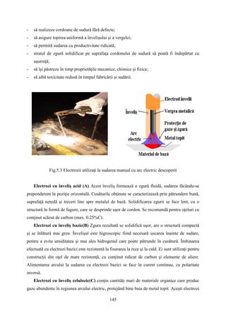 - să realizeze cordoane de sudură fără defecte;
- să asigure topirea uniformă a învelişului şi a vergelei;
- să permită sudarea cu productivitate ridicată;
- stratul de zgură solidificat pe suprafaţa cordonului de sudură să poată fi îndepărtat cu
uşurinţă;
- să îşi păstreze în timp proprietăţile mecanice, chimice şi fizice;
- să aibă toxicitate redusă în timpul fabricării şi sudării.
Fig.5.3 Electrozii utilizaţi la sudarea manual cu arc electric descoperit
Electrozi cu înveliş acid (A) Acest înveliş formează o zgură fluidă, sudarea făcându-se
preponderent în poziţie orizontală. Cusăturile obţinute se caracterizează prin pătrundere bună,
suprafaţă netedă şi treceri line spre metalul de bază. Solidificarea zgurii se face lent, cu o
structură în formă de fagure, care se desprinde uşor de cordon. Se recomandă pentru oţeluri cu
conţinut scăzut de carbon (max. 0.25%C).
Electrozi cu înveliş bazic(B) Zgura rezultată se solidifică uşor, are o structură compactă
şi se înlătură mai greu. Învelişul este higroscopic fiind necesară uscarea înainte de sudare,
pentru a evita umiditatea şi mai ales hidrogenul care poate pătrunde în cusătură. Îmbinarea
efectuată cu electrozi bazici este rezistentă la fisurarea la rece şi la cald. Ei sunt utilizați pentru
construcţii din oţel de mare rezistenţă, cu conţinut ridicat de carbon şi elemente de aliere.
Alimentarea arcului la sudarea cu electrozi bazici se face în curent continuu, cu polaritate
inversă.
Electrozi cu înveliş celulozic(C) conţin cantităţi mari de materiale organice care produc
gaze abundente în regiunea arcului electric, protejând bine baia de metal topit. Aceşti electrozi
145
 