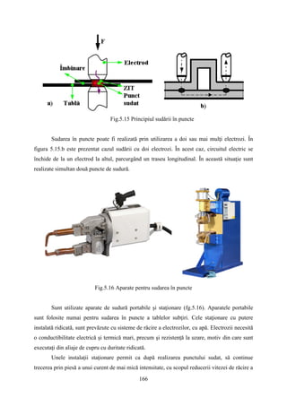 Fig.5.15 Principiul sudării în puncte
Sudarea în puncte poate fi realizată prin utilizarea a doi sau mai mulţi electrozi. În
figura 5.15.b este prezentat cazul sudării cu doi electrozi. În acest caz, circuitul electric se
închide de la un electrod la altul, parcurgând un traseu longitudinal. În această situaţie sunt
realizate simultan două puncte de sudură.
Fig.5.16 Aparate pentru sudarea în puncte
Sunt utilizate aparate de sudură portabile şi staţionare (fg.5.16). Aparatele portabile
sunt folosite numai pentru sudarea în puncte a tablelor subţiri. Cele staţionare cu putere
instalată ridicată, sunt prevăzute cu sisteme de răcire a electrozilor, cu apă. Electrozii necesită
o conductibilitate electrică şi termică mari, precum şi rezistenţă la uzare, motiv din care sunt
executaţi din aliaje de cupru cu duritate ridicată.
Unele instalaţii staţionare permit ca după realizarea punctului sudat, să continue
trecerea prin piesă a unui curent de mai mică intensitate, cu scopul reducerii vitezei de răcire a
166
 