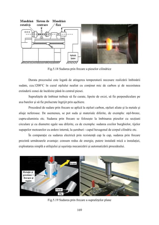 Fig.5.18 Sudarea prin frecare a pieselor cilindrice
Durata procesului este legată de atingerea temperaturii necesare realizării îmbinării
sudate, cca.1200°C în cazul oţelului nealiat cu conţinut mic de carbon şi de necesitatea
extinderii zonei de încălzire până în centrul piesei.
Suprafeţele de îmbinat trebuie să fie curate, lipsite de oxizi, să fie perpendiculare pe
axa barelor şi să fie prelucrate îngrijit prin aşchiere.
Procedeul de sudare prin frecare se aplică la oţeluri carbon, oţeluri aliate şi la metale şi
aliaje neferoase. De asemenea, se pot suda şi materiale diferite, de exemplu: oţel-bronz,
cupru-aluminiu etc. Sudarea prin frecare se foloseşte la îmbinarea pieselor cu secţiuni
circulare şi cu diametre egale sau diferite, ca de exemplu: sudarea cozilor burghielor, tijelor
supapelor motoarelor cu ardere internă, la şuruburi - capul hexagonal de corpul cilindric etc.
În comparaţie cu sudarea electrică prin rezistenţă cap la cap, sudarea prin frecare
prezintă următoarele avantaje: consum redus de energie, putere instalată mică a instalaţiei,
exploatarea simplă a utilajului şi uşurinţa mecanizării şi automatizării procedeului.
Fig.5.19 Sudarea prin frecare a suprafeţelor plane
169
 
