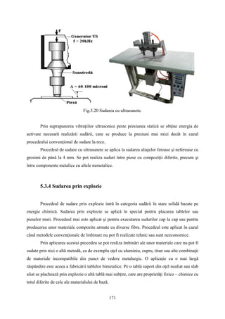 Fig.5.20 Sudarea cu ultrasunete.
Prin suprapunerea vibraţiilor ultrasonice peste presiunea statică se obţine energia de
activare necesară realizării sudării, care se produce la presiuni mai mici decât în cazul
procedeului convenţional de sudare la rece.
Procedeul de sudare cu ultrasunete se aplica la sudarea aliajelor feroase şi neferoase cu
grosimi de până la 4 mm. Se pot realiza suduri între piese cu compoziţii diferite, precum şi
între componente metalice cu altele nemetalice.
5.3.4 Sudarea prin explozie
Procedeul de sudare prin explozie intră în categoria sudării în stare solidă bazate pe
energie chimică. Sudarea prin explozie se aplică în special pentru placarea tablelor sau
pieselor mari. Procedeul mai este aplicat şi pentru executarea sudurilor cap la cap sau pentru
producerea unor materiale compozite armate cu diverse fibre. Procedeul este aplicat în cazul
când metodele convenţionale de îmbinare nu pot fi realizate tehnic sau sunt neeconomice.
Prin aplicarea acestui procedeu se pot realiza îmbinări ale unor materiale care nu pot fi
sudate prin nici o altă metodă, ca de exemplu oţel cu aluminiu, cupru, titan sau alte combinaţii
de materiale incompatibile din punct de vedere metalurgic. O aplicaţie cu o mai largă
răspândire este aceea a fabricării tablelor bimetalice. Pe o tablă suport din oţel nealiat sau slab
aliat se plachează prin explozie o altă tablă mai subţire, care are proprietăţi fizico – chimice cu
totul diferite de cele ale materialului de bază.
171
 