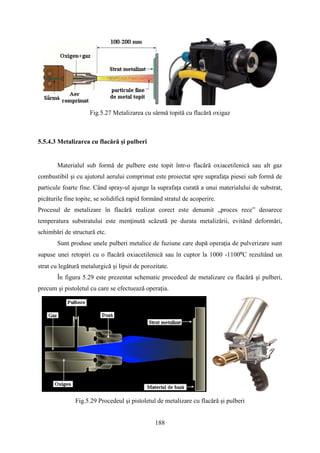 Fig.5.27 Metalizarea cu sârmă topită cu flacără oxigaz
5.5.4.3 Metalizarea cu flacără şi pulberi
Materialul sub formă de pulbere este topit într-o flacără oxiacetilenică sau alt gaz
combustibil şi cu ajutorul aerului comprimat este proiectat spre suprafaţa piesei sub formă de
particule foarte fine. Când spray-ul ajunge la suprafaţa curată a unui materialului de substrat,
picăturile fine topite, se solidifică rapid formând stratul de acoperire.
Procesul de metalizare în flacără realizat corect este denumit „proces rece” deoarece
temperatura substratului este menţinută scăzută pe durata metalizării, evitând deformări,
schimbări de structură etc.
Sunt produse unele pulberi metalice de fuziune care după operaţia de pulverizare sunt
supuse unei retopiri cu o flacără oxiacetilenică sau în cuptor la 1000 -1100⁰C rezultând un
strat cu legătură metalurgică şi lipsit de porozitate.
În figura 5.29 este prezentat schematic procedeul de metalizare cu flacără şi pulberi,
precum şi pistoletul cu care se efectuează operaţia.
Fig.5.29 Procedeul şi pistoletul de metalizare cu flacără şi pulberi
188
 