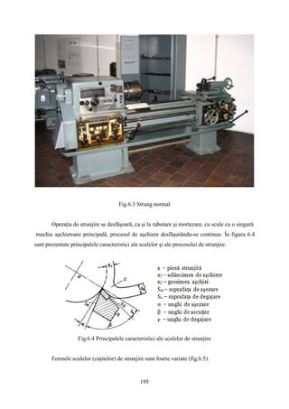 Fig.6.3 Strung normal
Operaţia de strunjire se desfăşoară, ca şi la rabotare şi mortezare, cu scule cu o singură
muchie aşchietoare principală, procesul de aşchiere desfăşurându-se continuu. În figura 6.4
sunt prezentate principalele caracteristici ale sculelor şi ale procesului de strunjire.
Fig.6.4 Principalele caracteristici ale sculelor de strunjire
Formele sculelor (cuţitelor) de strunjire sunt foarte variate (fig.6.5).
195
 