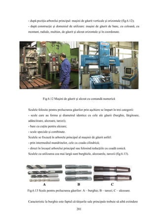 - după poziţia arborelui principal: maşini de găurit verticale şi orizontale (fig.6.12);
- după construcţie şi domeniul de utilizare: maşini de găurit de banc, cu coloană, cu
montant, radiale, multiax, de găurit şi alezat orizontale şi în coordonate.
Fig.6.12 Maşini de găurit şi alezat cu comandă numerică
Sculele folosite pentru prelucrarea găurilor prin aşchiere se împart în trei categorii:
- scule care au forma şi diametrul identice cu cele ale găurii (burghie, lărgitoare,
adâncitoare, alezoare, tarozi);
- bare cu cuţite pentru alezare;
- scule speciale şi combinate.
Sculele se fixează în arborele principal al maşinii de găurit astfel:
- prin intermediul mandrinelor, cele cu coada cilindrică;
- direct în locaşul arborelui principal sau folosind reducţiile cu coadă conică.
Sculele cu utilizarea cea mai largă sunt burghiele, alezoarele, tarozii (fig.6.13).
Fig.6.13 Scule pentru prelucrarea găurilor: A – burghie; B – tarozi; C – alezoare.
Caracteristic la burghie este faptul că tăişurile sale principale trebuie să aibă extindere
201
 