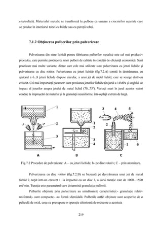electroliză). Materialul metalic se transformă în pulbere ca urmare a ciocnirilor repetate care
se produc în interiorul tobei cu bilele sau cu pereţii tobei.
7.1.2 Obţinerea pulberilor prin pulverizare
Pulverizarea din stare lichidă pentru fabricarea pulberilor metalice este cel mai productiv
procedeu, care permite producerea unor pulberi de calitate în condiţii de eficienţă economică. Sunt
practicate mai multe variante, dintre care cele mai utilizate sunt pulverizarea cu jeturi lichide şi
pulverizarea cu disc rotitor. Pulverizarea cu jeturi lichide (fig.7.2.A) constă în destrămarea, cu
ajutorul a 6...8 jeturi lichide dispuse circular, a unui jet de metal lichid, care se scurge dintr-un
creuzet. Cei mai importanţi parametri sunt presiunea jeturilor lichide (în jurul a 14MPa şi unghiul de
impact al jeturilor asupra jetului de metal lichid (70...75o
). Variaţii mari în jurul acestor valori
conduc la împroşcări de material şi la granulaţii neuniforme, într-o plajă extrem de largă.
Fig.7.2 Procedee de pulverizare: A – cu jeturi lichide; b- pe disc rotativ; C – prin atomizare.
Pulverizarea cu disc rotitor (fig.7.2.B) se bazează pe destrămarea unui jet de metal
lichid 2, topit într-un creuzet 1, la impactul cu un disc 3, a cărui turaţie este de 1000...1500
rot/min. Turaţia este parametrul care determină granulaţia pulberii.
Pulberile obţinute prin pulverizare au următoarele caracteristici:- granulație relativ
uniformă;- sunt compacte;- au formă sferoidală. Pulberile astfel obţinute sunt acoperite de o
peliculă de oxid, ceea ce presupune o operaţie ulterioară de reducere a acestuia
219
 