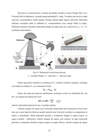 Încercarea se efectuează pe o maşină tip pendul, numită şi ciocan Charpy (fig.1.4.a).
Ciocanul aflat la înălţimea h1 posedă energia potenţială Ei=mgh1. În cădere este lovită şi ruptă
epruveta, consumându-se astfel energie. Energia rămasă după ruperea epruvetei, determină
ridicarea ciocanului până la înălţimea h2 corespunzătoare unei energii finale Ef=mgh2.
Diferenţa energiilor potenţiale reprezintă energia de rupere prin şoc a epruvetei Erup = Ei - Ef
(rezilienţa materialului).
Fig.1.4 Încercarea la încovoiere prin şoc
a – ciocanul Charpy; b – epruvetă; c – epruvete rupte
Pentru epruvetele standard cu crestătura în V, conform normelor europene, rezilienţa
este notată cu simbolul AV şi se măsoară în Joule.
𝐀 𝐕 = 𝐄 𝐫𝐮𝐩 [J]
Pentru alte tipuri de epruvete simbolizarea rezilienţei se face cu simbolurile KV sau
KU, iar unitatea de măsură este J/cm2
.
𝐊𝐕 𝑠𝑎𝑢 𝐊𝐔 =
𝐄 𝐫𝐮𝐩
𝐒 𝟎
[
𝐽
𝑐𝑚2
]
unde S0 reprezintă secţiunea în care s-a produs ruperea.
Valorile energiei de rupere (sau rezilienţei) determinate prin încercarea la încovoiere
prin şoc a unor epruvete dintr-un anumit material sunt în directă corelaţie cu comportarea la
rupere a materialului. Dacă materialul prezintă o comportare fragilă la rupere (rupere cu
aspect cristalin - strălucitor), valorile energiei de rupere sunt scăzute, iar dacă materialul
prezintă o comportare ductilă la rupere (rupere cu aspect fibros), valorile energiei de rupere
23
 