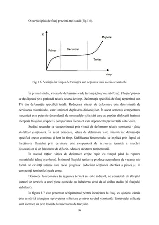 O curbă tipică de fluaj prezintă trei stadii (fig.1.6).
Fig.1.6 Variaţia în timp a deformaţiei sub acţiunea unei sarcini constante
În primul stadiu, viteza de deformare scade în timp (fluaj nestabilizat). Fluajul primar
se desfăşoară pe o perioadă relativ scurtă de timp. Deformaţia specifică de fluaj reprezintă sub
1% din deformaţia specifică totală. Reducerea vitezei de deformare este determinată de
ecruisarea materialului, care limitează deplasarea dislocaţiilor. În acest domeniu comportarea
mecanică este puternic dependentă de eventualele solicitări care au produs dislocaţii înaintea
începerii fluajului, respectiv comportarea mecanică este dependentă prelucrările anterioare.
Stadiul secundar se caracterizează prin viteză de deformare relativ constantă - fluaj
stabilizat (staţionar). În acest domeniu, viteza de deformare este minimă iar deformaţia
specifică creşte continuu şi lent în timp. Stabilizarea fenomenului se explică prin faptul că
încetinirea fluajului prin ecruisare este compensată de activarea termică a mişcării
dislocaţiilor şi de fenomene de difuzie, odată cu creşterea temperaturii.
În stadiul terţiar, viteza de deformare creşte rapid cu timpul până la ruperea
materialului (fluaj accelerat). În timpul fluajului terţiar se produce acumularea de vacanţe sub
formă de cavităţi interne care cresc progresiv, reducând secţiunea efectivă a piesei şi, în
consecinţă tensiunile locale cresc.
Deoarece funcţionarea în regiunea terţiară nu este indicată, se consideră că sfârşitul
duratei de serviciu a unei piese coincide cu încheierea celui de-al doilea stadiu (al fluajului
stabilizat).
În figura 1.7 este prezentat echipamentul pentru încercarea la fluaj, cu ajutorul căruia
este urmărită alungirea epruvetelor solicitate printr-o sarcină constantă. Epruvetele utilizate
sunt identice cu cele folosite la încercarea de tracţiune.
26
 