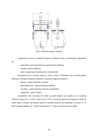 Fig.3.1 Oală de turnare a oţelului
Lingotierele în care se solidifică lingoul au diferite forme şi dimensiuni, dependente
de:
- capacitatea convertizorului sau cuptorului de elaborare;
- calitatea oţelului elaborat;
- tipul şi capacitatea de prelucrare a laminoarelor.
Lingotierele pot fi normal conice şi invers conice. Conicitatea este necesară pentru
facilitarea extragerii lingoului solidificat. Secţiunea lingotierei poate fi :
- pătrată – pentru laminare şi forjare;
- dreptunghiulară – pentru laminarea tablelor;
- circulară – pentru laminarea barelor şi profilelor;
- poligonală – pentru forjare.
Lingotierele sunt executate din fontă cu grafit lamelar sau nodular cu un conţinut
ridicat de carbon (3,5...4,2%) şi siliciu (1,0...2,0%). Consumul specific de lingotiere variază în
limite largi, în funcţie de mărime, profil şi condiţiile practice de exploatare şi anume: 8...14
kg/t la lingouri pătrate, 16...22 kg/t la brame de 9...15 kg/t cu răcire în aer pe grătar.
55
 