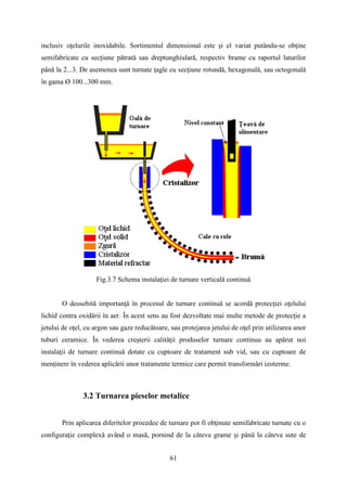inclusiv oţelurile inoxidabile. Sortimentul dimensional este şi el variat putându-se obţine
semifabricate cu secţiune pătrată sau dreptunghiulară, respectiv brame cu raportul laturilor
până la 2...3. De asemenea sunt turnate ţagle cu secţiune rotundă, hexagonală, sau octogonală
în gama Ø 100...300 mm.
Fig.3.7 Schema instalaţiei de turnare verticală continuă
O deosebită importanţă în procesul de turnare continuă se acordă protecţiei oţelului
lichid contra oxidării în aer. În acest sens au fost dezvoltate mai multe metode de protecţie a
jetului de oţel, cu argon sau gaze reducătoare, sau protejarea jetului de oţel prin utilizarea unor
tuburi ceramice. În vederea creşterii calităţii produselor turnare continuu au apărut noi
instalaţii de turnare continuă dotate cu cuptoare de tratament sub vid, sau cu cuptoare de
menţinere în vederea aplicării unor tratamente termice care permit transformări izoterme.
3.2 Turnarea pieselor metalice
Prin aplicarea diferitelor procedee de turnare pot fi obţinute semifabricate turnate cu o
configuraţie complexă având o masă, pornind de la câteva grame şi până la câteva sute de
61
 