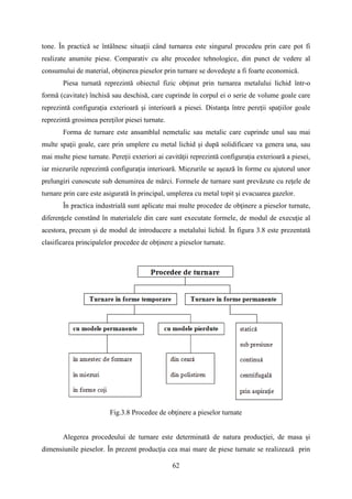 tone. În practică se întâlnesc situaţii când turnarea este singurul procedeu prin care pot fi
realizate anumite piese. Comparativ cu alte procedee tehnologice, din punct de vedere al
consumului de material, obţinerea pieselor prin turnare se dovedeşte a fi foarte economică.
Piesa turnată reprezintă obiectul fizic obţinut prin turnarea metalului lichid într-o
formă (cavitate) închisă sau deschisă, care cuprinde în corpul ei o serie de volume goale care
reprezintă configuraţia exterioară şi interioară a piesei. Distanţa între pereţii spaţiilor goale
reprezintă grosimea pereţilor piesei turnate.
Forma de turnare este ansamblul nemetalic sau metalic care cuprinde unul sau mai
multe spaţii goale, care prin umplere cu metal lichid şi după solidificare va genera una, sau
mai multe piese turnate. Pereţii exteriori ai cavităţii reprezintă configuraţia exterioară a piesei,
iar miezurile reprezintă configuraţia interioară. Miezurile se aşează în forme cu ajutorul unor
prelungiri cunoscute sub denumirea de mărci. Formele de turnare sunt prevăzute cu reţele de
turnare prin care este asigurată în principal, umplerea cu metal topit şi evacuarea gazelor.
În practica industrială sunt aplicate mai multe procedee de obţinere a pieselor turnate,
diferenţele constând în materialele din care sunt executate formele, de modul de execuţie al
acestora, precum şi de modul de introducere a metalului lichid. În figura 3.8 este prezentată
clasificarea principalelor procedee de obţinere a pieselor turnate.
Fig.3.8 Procedee de obţinere a pieselor turnate
Alegerea procedeului de turnare este determinată de natura producţiei, de masa şi
dimensiunile pieselor. În prezent producţia cea mai mare de piese turnate se realizează prin
62
 
