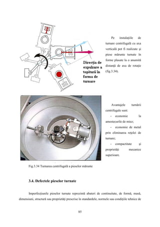 Pe instalaţiile de
turnare centrifugală cu axa
verticală pot fi realizate şi
piese mărunte turnate în
forme plasate la o anumită
distanţă de axa de rotaţie
(fig.3.34).
Avantajele turnării
centrifugale sunt:
- economie la
amestecurile de miez;
- economie de metal
prin eliminarea reţelei de
turnare;
- compactitate şi
proprietăţi mecanice
superioare.
Fig.3.34 Turnarea centrifugală a pieselor mărunte
3.4. Defectele pieselor turnate
Imperfecţiunile pieselor turnate reprezintă abateri de continuitate, de formă, masă,
dimensiuni, structură sau proprietăţi prescrise în standardele, normele sau condiţiile tehnice de
85
 