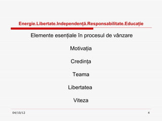 Ա.ٲٱ.ԻԻţă.ǲԲٲٱ.ܳţ

           Elemente esenţiale în procesul de vânzare

                          Motivaţia

                           Credinţa

                           Teama

                          Libertatea

                            Viteza

04/10/12                                                      4
 
