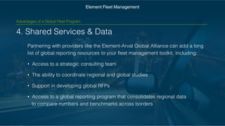 4. Shared Services & Data
Partnering with providers like the Element-Arval Global Alliance can add
a long list of global reporting resources to your fleet management
toolkit, including:
• Access to a strategic consulting team
• The ability to coordinate regional and global studies
• Support in developing global RFPs
• Access to a global reporting program that consolidates regional data
to compare numbers and benchmarks across borders
Element Fleet Management
Advantages of a Global Fleet Program
 