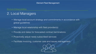 2. Local Managers
• Manage local account strategy and commitments in accordance with
global guidelines
• Manage local relationship with fleet provider(s)
• Provide end dates for forecasted contract terminations
• Proactively adjust newly subscribed services
• Facilitate invoicing, customer care and issues management
Element Fleet Management
Structure & Responsibilities
 