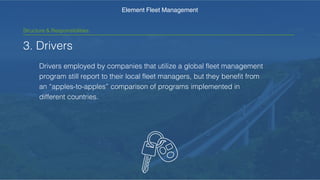 3. Drivers
Drivers employed by companies that utilize a global fleet
management program still report to their local fleet managers,
but they benefit from an “apples-to-apples” comparison of
programs implemented in different countries.
Element Fleet Management
Structure & Responsibilities
 
