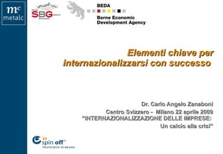 Elementi chiave per internazionalizzarsi con successo  Dr. Carlo Angelo Zanaboni Centro Svizzero -  Milano  22 aprile 2009  “INTERNAZIONALIZZAZIONE DELLE IMPRESE:  Un calcio alla crisi” 