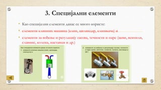 3. Специјални елементи
• Као специјални елементи данас се много користе:
• елементи клипних машина (клип, цилиндар, клипњача) и
• елементи за вођење и регулацију гасова, течности и паре (цеви, вентили,
славине, колена, наставци и др.)
 
