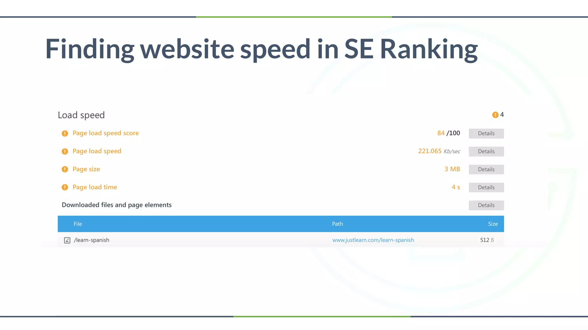 Finding website speed in SE Ranking
 
