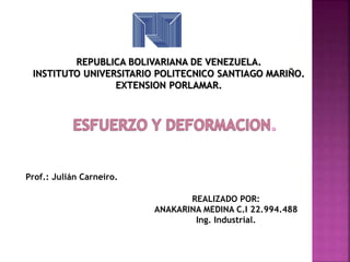 REPUBLICA BOLIVARIANA DE VENEZUELA. 
INSTITUTO UNIVERSITARIO POLITECNICO SANTIAGO MARIÑO. 
EXTENSION PORLAMAR. 
REALIZADO POR: 
ANAKARINA MEDINA C.I 22.994.488 
Ing. Industrial. 
Prof.: Julián Carneiro. 
 