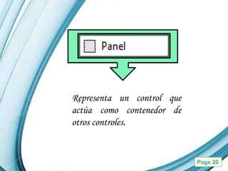 Representa un control que
actúa como contenedor de
otros controles.


   Powerpoint Templates     Page 20
 