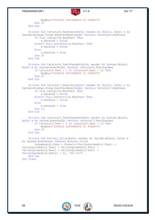 PROGRAMACION I                           U.T.A                   5to “U”


             MsgBox("INGRESE NUEVAMENTE EL NUMERO")
         End If
     End Sub

    Private Sub txtnota16_KeyPress(ByVal sender As Object, ByVal e As
System.Windows.Forms.KeyPressEventArgs) Handles txtnota16.KeyPress
        If Char.IsDigit(e.KeyChar) Then
            e.Handled = False
        ElseIf Char.IsControl(e.KeyChar) Then
            e.Handled = False
        Else
            e.Handled = True
        End If
    End Sub

    Private Sub txtnota16_TextChanged(ByVal sender As System.Object,
ByVal e As System.EventArgs) Handles txtnota16.TextChanged
        If txtnota16.Text < 1 Or txtnota16.Text > 10 Then
            MsgBox("INGRESE NUEVAMENTE EL NUMERO")
        End If
    End Sub

    Private Sub txtnota17_KeyPress(ByVal sender As Object, ByVal e As
System.Windows.Forms.KeyPressEventArgs) Handles txtnota17.KeyPress
        If Char.IsDigit(e.KeyChar) Then
            e.Handled = False
        ElseIf Char.IsControl(e.KeyChar) Then
            e.Handled = False
        Else
            e.Handled = True
        End If
    End Sub

    Private Sub txtnota17_TextChanged(ByVal sender As System.Object,
ByVal e As System.EventArgs) Handles txtnota17.TextChanged
        If txtnota17.Text < 1 Or txtnota17.Text > 10 Then
            MsgBox("INGRESE NUEVAMENTE EL NUMERO")
        End If
    End Sub

    Private Sub Button1_Click(ByVal sender As System.Object, ByVal e
As System.EventArgs) Handles Button1.Click
        txtpgeneral.Text = Format(((Val(txtpromedio1.Text) +
Val(txtpromedio2.Text) + Val(txtpromedio3.Text) +
Val(txtpromedio4.Text) + Val(txtpromedio5.Text) +
Val(txtpromedio6.Text)) / 6), "##.000")
    End Sub
End Class




68                                FCHE                    DIEGO CHICAIZA
 