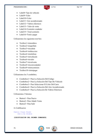 PROGRAMACION I                                U.T.A                   5to “U”


        Label8=Tipo de vehículo
        Label9=Valor
        Label10=Color
        Label11=Aire acondicionado
        Label12= Vidrios eléctricos
        Label13= Valor de venta
        Label14=Comisión vendedor
        Label15= Total comisión
        Label16=Total a pagar

Utilizaremos los siguientes text box

        Textbox1=txtnombres
        Textbox2=txtapellido
        Textbox3=txtcedula
        Textbox4=txtdireccion
        Textbox4=txttelefono
        Textbox5=txttvehiculo
        Textbox6=txtvalor
        Textbox7=txtvalventa
        Textbox8=txtcomvendedor
        Textbox9=txttotcomision
        Textbox10=txttotpagar

Utilizaremos los 5 combobox.

        Combobox1= Para La Selección Del Código
        Combobox2= Para La Selección Del Tipo De Vehículo
        Combobox3= Para Seleccionar El Color Del Carro
        Combobox4= Para La Selección Del Aire Acondicionado
        Combobox5= Para La Selección De Vidrios Eléctricos

Utilizaremos 3 botones

        Button1= Para Nuevo
        Button2= Para Añadir Venta
        Button3= Para Salir

4.-Codificacion
Public Class Form1
    Dim a As Double

(CODIFICACION DEL PRIMER COMBOBOX)




71                                     FCHE                    DIEGO CHICAIZA
 