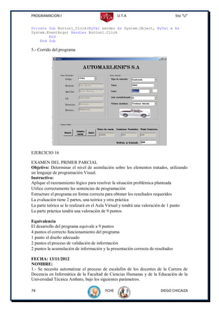 PROGRAMACION I                                  U.T.A                             5to “U”


Private Sub Button1_Click(ByVal sender As System.Object, ByVal e As
System.EventArgs) Handles Button1.Click
        End
    End Sub

5.- Corrido del programa




EJERCICIO 16

EXAMEN DEL PRIMER PARCIAL
Objetivo: Determinar el nivel de asimilación sobre los elementos tratados, utilizando
un lenguaje de programación Visual.
Instructivo:
Aplique el razonamiento lógico para resolver la situación problémica planteada
Utilice correctamente las sentencias de programación
Estructure el programa en forma correcta para obtener los resultados requeridos
La evaluación tiene 2 partes, una teórica y otra práctica
La parte teórica se lo realizará en el Aula Virtual y tendrá una valoración de 1 punto
La parte práctica tendrá una valoración de 9 puntos

Equivalencia
El desarrollo del programa equivale a 9 puntos
4 puntos el correcto funcionamiento del programa
1 punto el diseño adecuado
2 puntos el proceso de validación de información
2 puntos la acumulación de información y la presentación correcta de resultados

FECHA: 13/11/2012
NOMBRE:
1.- Se necesita automatizar el proceso de escalafón de los docentes de la Carrera de
Docencia en Informática de la Facultad de Ciencias Humanas y de la Educación de la
Universidad Técnica Ambato, bajo los siguientes parámetros.

74                                       FCHE                           DIEGO CHICAIZA
 