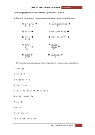 [LÓGICA DE PROGRAMACIÓN] Elemento 4

Ejercicios propuestos de conversión de expresiones (TALLER 1)

A- Convertir las siguientes expresiones matemáticas a expresiones algorítmicas:




    B- Convertir las siguientes expresiones algorítmicas en expresiones matemáticas:

1) 7 * (1 + y)

2) a ^ 3 + b ^ 3

3) (x + y) / (u + w / a)

4) x / y * (z + w)

5) a ^ 3 + 3 * a ^ 2 * b + 3 * a * b ^ 2 + b ^ 3

6) (a + b) ^ 2 - (a - b ^ 2)

7) x - y ^ 2

8) (x - y) ^ 2

9) a / b + c / a / b + c

10) (a / (b + c)) / ((a / b) + c)


                                                   Ing. Fabián Morales F.,M.Sc. | 23
 