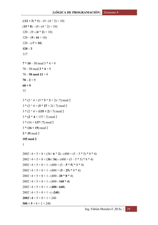 [LÓGICA DE PROGRAMACIÓN] Elemento 4

((12 + 3) * 8) – (9 - (4 ^ 2) + 10)
(15 * 8) – (9 - (4 ^ 2) + 10)
120 – (9 - (4 ^ 2) + 10)
120 – (9 - 16 + 10)
120 – (-7 + 10)
120 – 3
117

7 * 10 – 50 mod 3 * 4 + 9
70 – 50 mod 3 * 4 + 9
70 – 50 mod 12 + 9
70 – 2 + 9
68 + 9
77

3 * (2 ^ 4 + (5 * 3 ^ 3 + 2)  7) mod 2
3 * (2 ^ 4 + (5 * 27 + 2)  7) mod 2
3 * (2 ^ 4 + (135 + 2)  7) mod 2
3 * (2 ^ 4 + 137  7) mod 2
3 * (16 + 137  7) mod 2
3 * (16 + 19) mod 2
3 * 35 mod 2
105 mod 2
1

2002  4 + 5 + 8 + (36 / 6 ^ 2) - (400 + (5 – 5 * 5) * 8 * 4)
2002  4 + 5 + 8 + (36 / 36) - (400 + (5 – 5 * 5) * 8 * 4)
2002  4 + 5 + 8 + 1 - (400 + (5 – 5 * 5) * 8 * 4)
2002  4 + 5 + 8 + 1 - (400 + (5 – 25) * 8 * 4)
2002  4 + 5 + 8 + 1 - (400 - 20 * 8 * 4)
2002  4 + 5 + 8 + 1 - (400 - 160 * 4)
2002  4 + 5 + 8 + 1 - (400 - 640)
2002  4 + 5 + 8 + 1 - ( -240)
2002  4 + 5 + 8 + 1 + 240
500 + 5 + 8 + 1 + 240
                                                     Ing. Fabián Morales F.,M.Sc. | 29
 