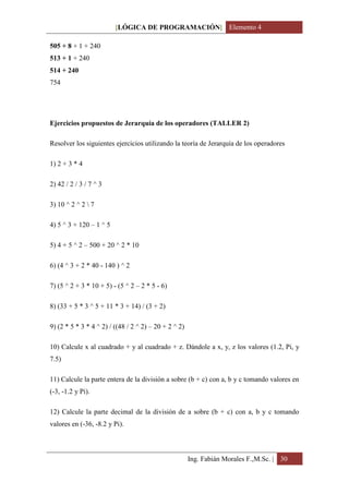 [LÓGICA DE PROGRAMACIÓN] Elemento 4

505 + 8 + 1 + 240
513 + 1 + 240
514 + 240
754




Ejercicios propuestos de Jerarquía de los operadores (TALLER 2)

Resolver los siguientes ejercicios utilizando la teoría de Jerarquía de los operadores

1) 2 + 3 * 4

2) 42 / 2 / 3 / 7 ^ 3

3) 10 ^ 2 ^ 2  7

4) 5 ^ 3 + 120 – 1 ^ 5

5) 4 + 5 ^ 2 – 500 + 20 ^ 2 * 10

6) (4 ^ 3 + 2 * 40 - 140 ) ^ 2

7) (5 ^ 2 + 3 * 10 + 5) - (5 ^ 2 – 2 * 5 - 6)

8) (33 + 5 * 3 ^ 5 + 11 * 3 + 14) / (3 + 2)

9) (2 * 5 * 3 * 4 ^ 2) / ((48 / 2 ^ 2) – 20 + 2 ^ 2)

10) Calcule x al cuadrado + y al cuadrado + z. Dándole a x, y, z los valores (1.2, Pi, y
7.5)

11) Calcule la parte entera de la división a sobre (b + c) con a, b y c tomando valores en
(-3, -1.2 y Pi).

12) Calcule la parte decimal de la división de a sobre (b + c) con a, b y c tomando
valores en (-36, -8.2 y Pi).



                                                       Ing. Fabián Morales F.,M.Sc. | 30
 