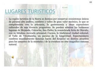 LUGARES TURISTICOS
• La región turística de la Sierra se destaca por conservar ecosistemas únicos
de páramo alto andino, cumbres y valles de gran valor escénico, lo que se
complementa con la artesanía, la gastronomía y otras expresiones
culturales de una vivencia progresista. Se pueden admirar las hermosas
lagunas de Mojanda, Cuicocha, San Pablo; la renombrada feria de Otavalo,
con su fabuloso mercado artesanal; Cuenca, la tradicional ciudad colonial;
el Valle de Vilcabamba, un paraíso de la longevidad. Espectaculares
cumbres mundialmente famosas hacen del Ecuador un destino atractivo
para los amantes de la montaña y de la aventura en este magnífico entorno
natural.
ECUADOR
10
 