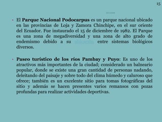 • El Parque Nacional Podocarpus es un parque nacional ubicado
en las provincias de Loja y Zamora Chinchipe, en el sur oriente
del Ecuador. Fue instaurado el 15 de diciembre de 1982. El Parque
es una zona de megadiversidad y una zona de alto grado de
endemismo debido a su ubicación entre sistemas biológicos
diversos.
• Paseo turístico de los ríos Pambay y Puyo: Es uno de los
atractivos más importantes de la ciudad; considerado un balneario
popular, donde se existe una gran cantidad de personas nadando,
deleitando del paisaje y sobre todo del clima húmedo y caluroso que
ofrece; también es un excelente sitio para tomas fotográficas del
sitio y además se hacen presentes varios remansos con pozas
profundas para realizar actividades deportivas.
ECUADOR
15
 