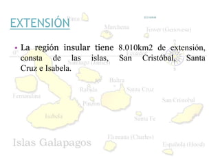 EXTENSIÓN
• La región insular tiene 8.010km2 de extensión,
consta de las islas, San Cristóbal, Santa
Cruz e Isabela.
ECUADOR
17
 