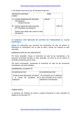 https://www.youtube.com/channel/UCG1OGo5o71xKGse7eyrlllA
https://www.youtube.com/channel/UCG1OGo5o71xKGse7eyrlllA
2- Se realiza el cierre de la cta. 75 al finalizar el ejercicio
REGISTRO CONTABLE DEBE
HABER
75
84
OTROS INGRESOS DE GESTION
754 Alquileres
Equipos diversos
RESULTADOS DE EXPLOTACION
841 Resultados de explotación.
Asiento para saldar esta cuenta al cierre
del ejercicio
1,980.00
1,980,.00
76 GANANCIA POR MEDICION DE ACTIVOS NO FINANCIEROS AL VALOR
RAZONABLE
Agrupa las subcuentas que acumulan los incrementos de valor de activos no
financieros en comparación con su valor en libros, cuando son valuados al valor
razonable.
NOMENGLATURA DE LAS SUBCUENTAS
761 Activo realizable: Incluye el incremento de valor de las mercaderías y los
productos terminados llevados al valor razonable, así como la de los activos no
corrientes mantenidos para la venta.
762 Activo Inmovilizado: Comprende el incremento de valor de las inversiones
inmobiliarias y del activo biológico.
DINAMICADE LA CUENTA 76
ES DEBITADA POR : ES ACREDITADA POR :
. El total al cierre del periodo con abono
a la cuenta 84 resultados de
explotación.
. El incremento por la referencia
al valor razonable de los activos
realizables e inmovilizados.
COMENTARIOS
La ganancia por medición de activos y pasivos financieros al valor razonable se
registra en la subcuenta 777.
 