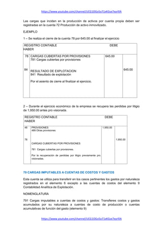 https://www.youtube.com/channel/UCG1OGo5o71xKGse7eyrlllA
https://www.youtube.com/channel/UCG1OGo5o71xKGse7eyrlllA
Las cargas que inciden en la producción de activos por cuenta propia deben ser
registradas en la cuenta 72 Producción de activo inmovilizado.
EJEMPLO
1 – Se realiza el cierre de la cuenta 78 por 645.00 al finalizar el ejercicio
REGISTRO CONTABLE DEBE
HABER
78
84
CARGAS CUBIERTAS POR PROVISIONES
781 Cargas cubiertas por provisiones
RESULTADO DE EXPLOTACION
841 Resultado de explotación
Por el asiento de cierre al finalizar el ejercicio.
645.00
645.00
2 – Durante el ejercicio económico de la empresa se recupera las perdidas por litigio
de 1,950.00 antes pro visionada.
REGISTRO CONTABLE DEBE
HABER
48
78
PROVISIONES
489 Otras provisiones
CARGAS CUBIERTAS POR PROVISIONES
781 Cargas cubiertas por provisiones.
Por la recuperación de perdidas por litigio previamente pro
visionadas.
1,950.00
1,950.00
79 CARGAS IMPUTABLES A CUENTAS DE COSTOS Y GASTOS
Esta cuenta se utiliza para transferir en los casos pertinentes los gastos por naturaleza
registrados en el elemento 6 excepto a las cuentas de costos del elemento 9
Contabilidad Analítica de Explotación.
NOMENGLATURA
791 Cargas imputables a cuentas de costos y gastos: Transfieres costos y gastos
acumulados por su naturaleza a cuentas de costo de producción o cuentas
acumulativas de función del gasto (elemento 9)
 