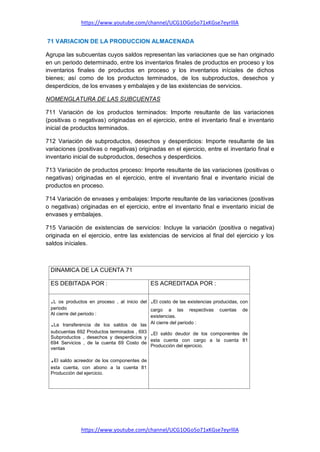 https://www.youtube.com/channel/UCG1OGo5o71xKGse7eyrlllA
https://www.youtube.com/channel/UCG1OGo5o71xKGse7eyrlllA
71 VARIACION DE LA PRODUCCION ALMACENADA
Agrupa las subcuentas cuyos saldos representan las variaciones que se han originado
en un periodo determinado, entre los inventarios finales de productos en proceso y los
inventarios finales de productos en proceso y los inventarios iníciales de dichos
bienes; así como de los productos terminados, de los subproductos, desechos y
desperdicios, de los envases y embalajes y de las existencias de servicios.
NOMENGLATURA DE LAS SUBCUENTAS
711 Variación de los productos terminados: Importe resultante de las variaciones
(positivas o negativas) originadas en el ejercicio, entre el inventario final e inventario
inicial de productos terminados.
712 Variación de subproductos, desechos y desperdicios: Importe resultante de las
variaciones (positivas o negativas) originadas en el ejercicio, entre el inventario final e
inventario inicial de subproductos, desechos y desperdicios.
713 Variación de productos proceso: Importe resultante de las variaciones (positivas o
negativas) originadas en el ejercicio, entre el inventario final e inventario inicial de
productos en proceso.
714 Variación de envases y embalajes: Importe resultante de las variaciones (positivas
o negativas) originadas en el ejercicio, entre el inventario final e inventario inicial de
envases y embalajes.
715 Variación de existencias de servicios: Incluye la variación (positiva o negativa)
originada en el ejercicio, entre las existencias de servicios al final del ejercicio y los
saldos iníciales.
DINAMICA DE LA CUENTA 71
ES DEBITADA POR : ES ACREDITADA POR :
.L os productos en proceso , al inicio del
periodo
Al cierre del periodo :
.La transferencia de los saldos de las
subcuentas 692 Productos terminados , 693
Subproductos , desechos y desperdicios y
694 Servicios , de la cuenta 69 Costo de
ventas
.El saldo acreedor de los componentes de
esta cuenta, con abono a la cuenta 81
Producción del ejercicio.
.El costo de las existencias producidas, con
cargo a las respectivas cuentas de
existencias.
Al cierre del periodo :
.El saldo deudor de los componentes de
esta cuenta con cargo a la cuenta 81
Producción del ejercicio.
 