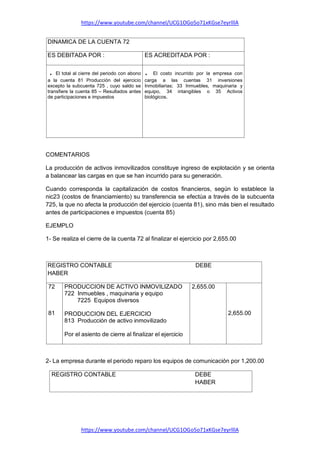 https://www.youtube.com/channel/UCG1OGo5o71xKGse7eyrlllA
https://www.youtube.com/channel/UCG1OGo5o71xKGse7eyrlllA
DINAMICA DE LA CUENTA 72
ES DEBITADA POR : ES ACREDITADA POR :
. El total al cierre del periodo con abono
a la cuenta 81 Producción del ejercicio
excepto la subcuenta 725 , cuyo saldo se
transfiere la cuenta 85 – Resultados antes
de participaciones e impuestos
. El costo incurrido por la empresa con
carga a las cuentas 31 inversiones
Inmobiliarias; 33 Inmuebles, maquinaria y
equipo, 34 intangibles o 35 Activos
biológicos.
COMENTARIOS
La producción de activos inmovilizados constituye ingreso de explotación y se orienta
a balancear las cargas en que se han incurrido para su generación.
Cuando corresponda la capitalización de costos financieros, según lo establece la
nic23 (costos de financiamiento) su transferencia se efectúa a través de la subcuenta
725, la que no afecta la producción del ejercicio (cuenta 81), sino más bien el resultado
antes de participaciones e impuestos (cuenta 85)
EJEMPLO
1- Se realiza el cierre de la cuenta 72 al finalizar el ejercicio por 2,655.00
REGISTRO CONTABLE DEBE
HABER
72
81
PRODUCCION DE ACTIVO INMOVILIZADO
722 Inmuebles , maquinaria y equipo
7225 Equipos diversos
PRODUCCION DEL EJERCICIO
813 Producción de activo inmovilizado
Por el asiento de cierre al finalizar el ejercicio
2,655.00
2,655.00
2- La empresa durante el periodo reparo los equipos de comunicación por 1,200.00
REGISTRO CONTABLE DEBE
HABER
 