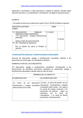 https://www.youtube.com/channel/UCG1OGo5o71xKGse7eyrlllA
https://www.youtube.com/channel/UCG1OGo5o71xKGse7eyrlllA
depreciado o amortizado), si tales descuentos o rebajas se obtienen, también deben
deducirse del activo, y su depredación o amortización, corregida en periodos futuros.
EJEMPLO
1- Se realiza el cierre por el saldo de la cuenta 73 de 3,150.00 al finalizar el ejercicio.
REGISTRO CONTABLE DEBE
HABER
73
84
DESCUENTOS , REBAJAS Y
BONIFICACIONES OBTENIDOS
731 Descuentos , rebajas y bonificaciones
obtenidos
RESULTADO DE EXPLOTACION
841 Resultado de explotación
Por el asiento de cierre al finalizar el
ejercicio
3,150.00
3,150.00
74 DESCUENTOS REBAJAS Y BONIFICACIONES CONCEDIDOS
Acumula los descuentos, rebajas y bonificaciones concedidos, distintos a los
descuentos por pronto pago .Su naturaleza es deudora.
NOMENGLATURA DE LAS SUBCUENTAS
741 Descuentos, rebajas y bonificaciones concedidos: Corresponden a las
disminuciones de beneficios económicos originados en descuentos; rebajas y
bonificaciones efectuadas a clientes sobre el valor de venta.
DINAMICA DE LA CUENTA 74
ES DEBITADA POR : ES ACREDITADA POR :
.El monto de los descuentos
bonificaciones y rebajas concedidos
sobre el precio de la venta.
.El total , al cierre del periodo ,de los
descuentos , bonificaciones y rebajas
concedidos sobre ventas , con cargo a
la cuenta 80 margen comercial u 81
producción del ejercicio , según se
relacionen con la venta de
mercaderías , o la venta de bienes
producidos, respectivamente.
 