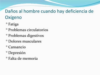 Daños al hombre cuando hay deficiencia de Oxígeno ° Fatiga ° Problemas circulatorios ° Problemas digestivos ° Dolores musculares ° Cansancio ° Depresión ° Falta de memoria 