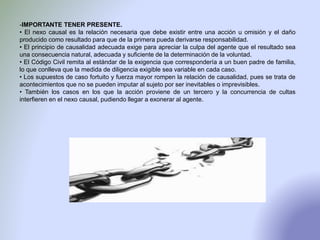 -IMPORTANTE TENER PRESENTE.
• El nexo causal es la relación necesaria que debe existir entre una acción u omisión y el daño
producido como resultado para que de la primera pueda derivarse responsabilidad.
• El principio de causalidad adecuada exige para apreciar la culpa del agente que el resultado sea
una consecuencia natural, adecuada y suficiente de la determinación de la voluntad.
• El Código Civil remita al estándar de la exigencia que correspondería a un buen padre de familia,
lo que conlleva que la medida de diligencia exigible sea variable en cada caso.
• Los supuestos de caso fortuito y fuerza mayor rompen la relación de causalidad, pues se trata de
acontecimientos que no se pueden imputar al sujeto por ser inevitables o imprevisibles.
• También los casos en los que la acción proviene de un tercero y la concurrencia de cultas
interfieren en el nexo causal, pudiendo llegar a exonerar al agente.
 