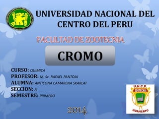 UNIVERSIDAD NACIONAL DEL
CENTRO DEL PERU
CROMO
CURSO: QUIMICA
PROFESOR: M. Sc. RAFAEL PANTOJA
ALUMNA: ANTICONA CAMARENA SKARLAT
SECCION: A
SEMESTRE: PRIMERO
 