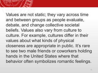Values are not static; they vary across time
and between groups as people evaluate,
debate, and change collective societal
beliefs. Values also vary from culture to
culture. For example, cultures differ in their
values about what kinds of physical
closeness are appropriate in public. It’s rare
to see two male friends or coworkers holding
hands in the United States where that
behavior often symbolizes romantic feelings.
11
 