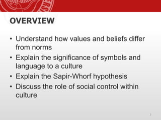 OVERVIEW
• Understand how values and beliefs differ
from norms
• Explain the significance of symbols and
language to a culture
• Explain the Sapir-Whorf hypothesis
• Discuss the role of social control within
culture
2
 