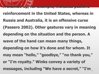 A thumbs-up, for example, indicates positive
reinforcement in the United States, whereas in
Russia and Australia, it is an offensive curse
(Passero 2002). Other gestures vary in meaning
depending on the situation and the person. A
wave of the hand can mean many things,
depending on how it’s done and for whom. It
may mean “hello,” “goodbye,” “no thank you,”
or “I’m royalty.” Winks convey a variety of
messages, including “We have a secret,” “I’m 41
 