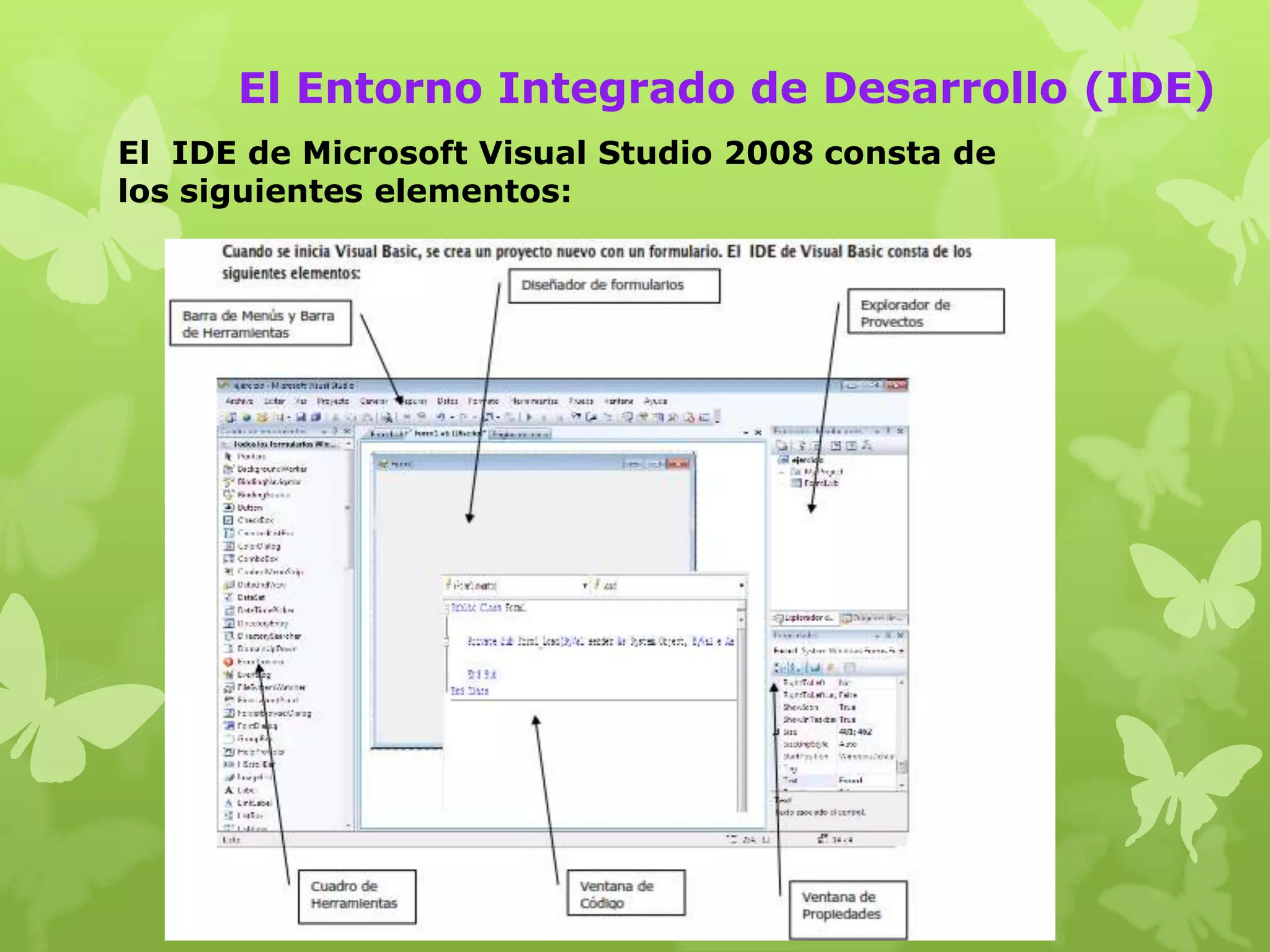 El Entorno Integrado de Desarrollo (IDE)
El IDE de Microsoft Visual Studio 2008 consta de
los siguientes elementos:
 